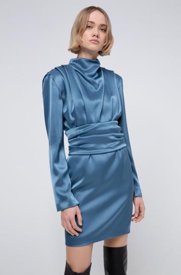 Sukienka HUGO Lustrous Long Sleeved Ciemny Niebieskie Damskie (Pl78836)